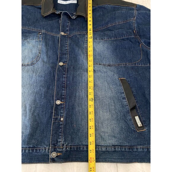Vtg PELLE PELLE Denim Shirt Jacket Men's 4XL Dark Wash Fade Button Leather Trim - Picture 8 of 13